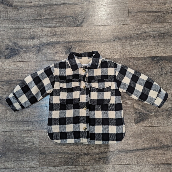 Zara 3-4 Year Toddler Girl Winter Coat Shacket Warm Plaid Black Cream 3T 4T - Picture 1 of 7